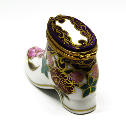 LIMOGES BOX ~ OLD-FASHIONED HIGH TOPPED LADY'S FLORAL SHOE ~ BOOT ~ PEINT MAIN