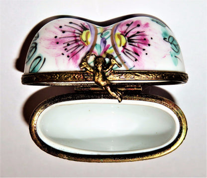 LIMOGES FRANCE BOX ~ FLORAL HEART ~ PINK FLOWERS & CUPID ~ ANNIVERSARY