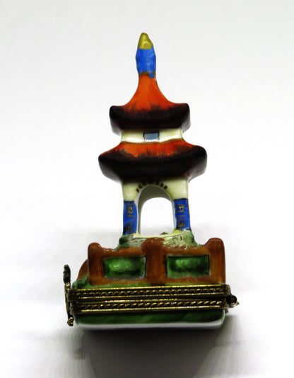 LIMOGES FRANCE BOX - LIMOGES IMPORTS - ASIAN PAGODA & FENCE - LADY & PARASOL