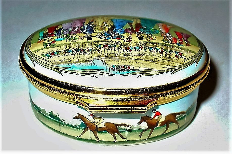 HALCYON DAYS ENAMEL BOX - ROYAL ENCLOSURE AT ASCOT RACES - EDWARDIAN TIMES - MIB