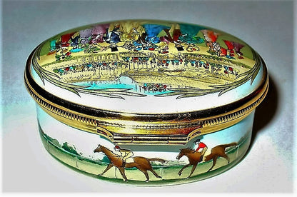 HALCYON DAYS ENAMEL BOX - ROYAL ENCLOSURE AT ASCOT RACES - EDWARDIAN TIMES - MIB