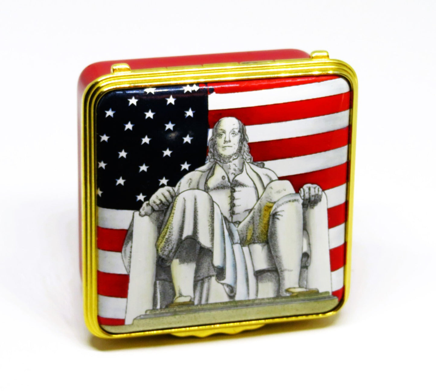 HALCYON DAYS ENGLISH ENAMEL BOX - BENJAMIN FRANKLIN & U. S. FLAG - PHILADELPHIA