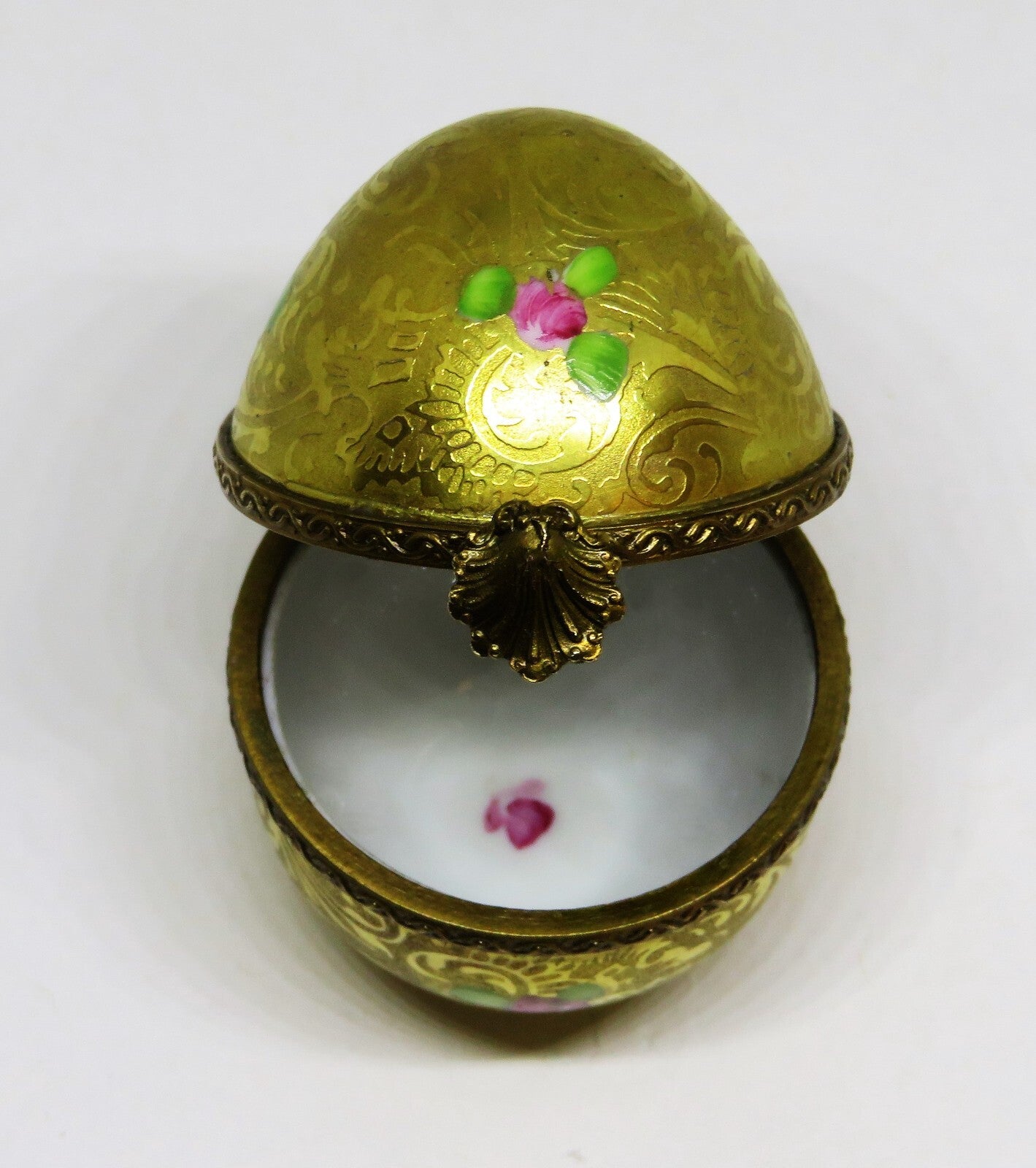 LIMOGES FRANCE BOX -DUMONT- VINTAGE GOLD INCRUSTATION EGG & PINK ROSES - FLOWERS