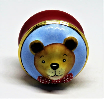 HALCYON DAYS ENAMEL BOX - 3 DIMENSIONAL TEDDY BEAR - BOW TIE & POLKA DOTS - MIB