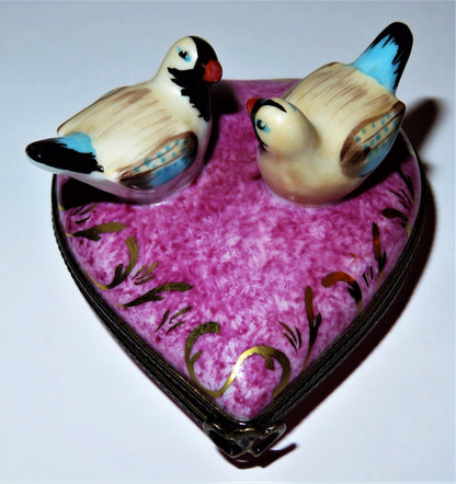 LIMOGES FRANCE BOX - PINK & GOLD HEART & LOVEBIRDS - "WITH LOVE" - ANNIVERSARY