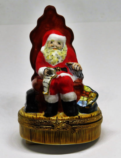 LIMOGES FRANCE BOX - SANTA CLAUS IN A CHAIR - NAUGHTY/NICE LIST - CHRISTMAS