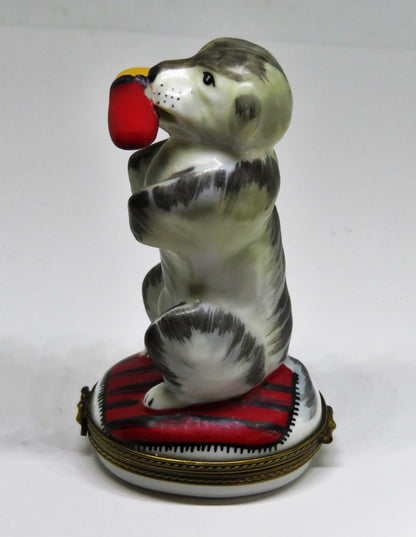 LIMOGES FRANCE BOX ~ CHAMART ~ CUTE SHAGGY PUPPY & SLIPPER ~ DOG ~ PEINT MAIN
