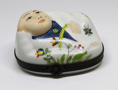 LIMOGES FRANCE BOX - RECLINING BUDDHA - FLOWERS & BUTTERFLY & ASIAN MAN - "MC"
