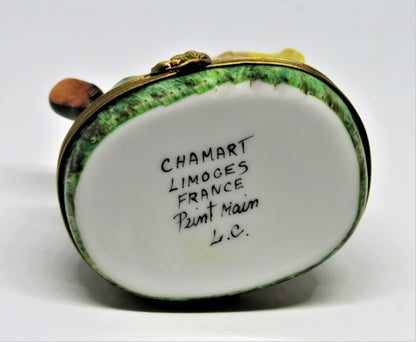 LIMOGES FRANCE BOX - CHAMART - FARM CHILD & DOG - PUPPY - PINK FLOWER INSIDE