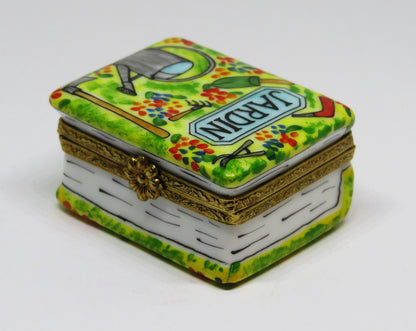 LIMOGES FRANCE BOX -LIMOGES IMPORTS- GARDENING BOOK & TOOLS - FLOWERS - "JARDIN"