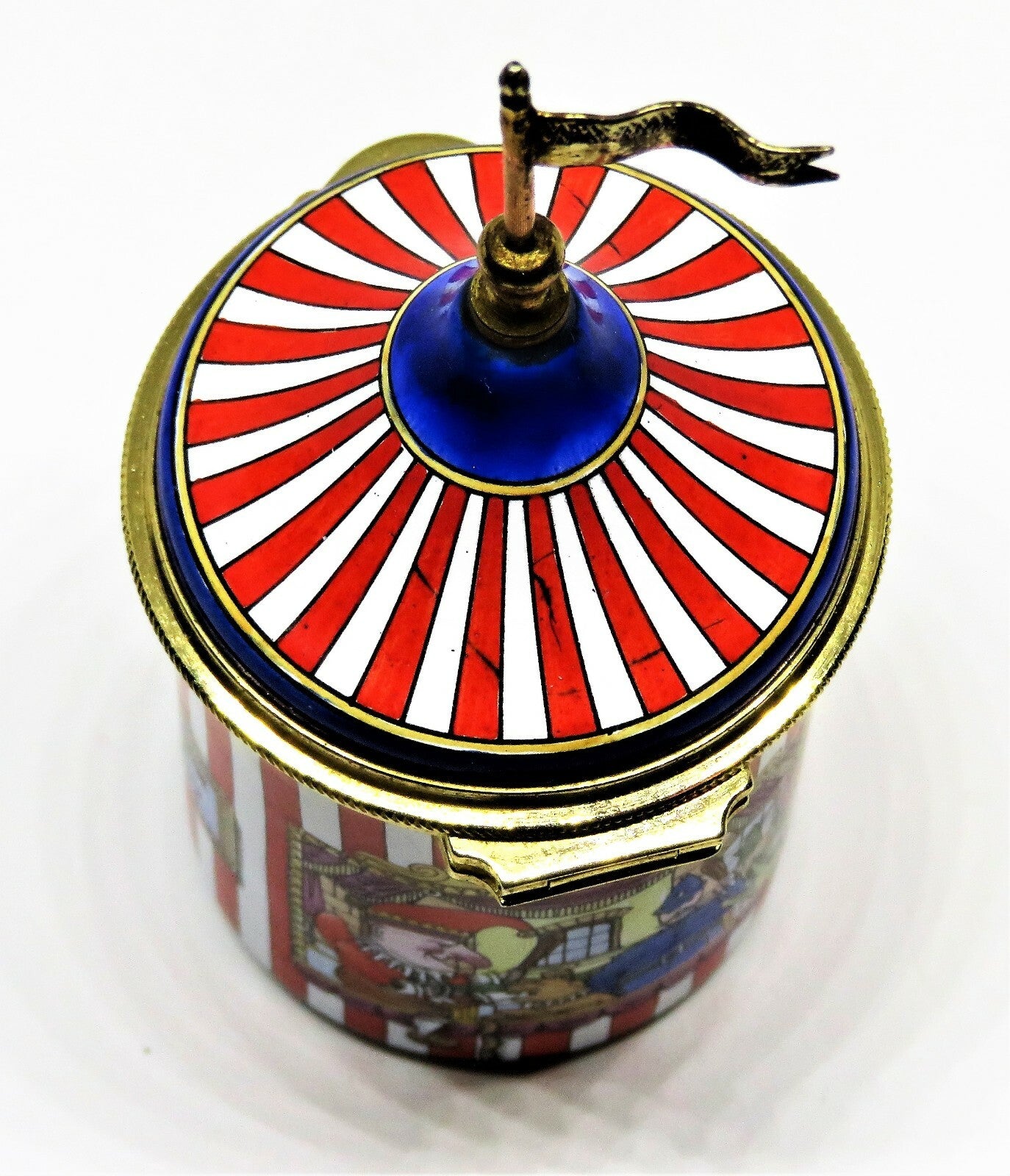 STAFFORDSHIRE ENGLISH ENAMELS BOX - STRIPED TENT WITH PUNCH & JUDY PUPPET SHOW