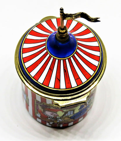 STAFFORDSHIRE ENGLISH ENAMELS BOX - STRIPED TENT WITH PUNCH & JUDY PUPPET SHOW