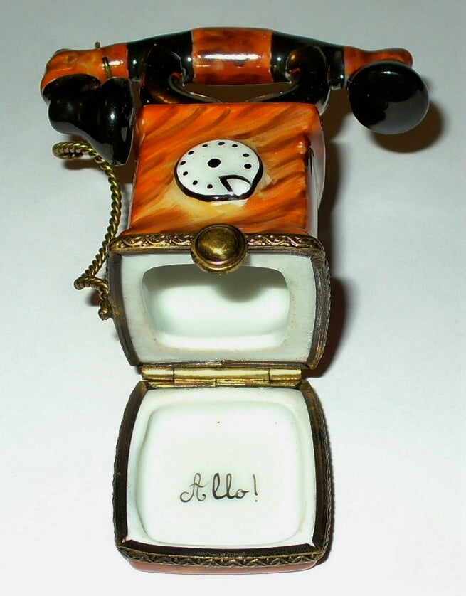 LIMOGES FRANCE BOX ~ ANTIQUE TELEPHONE & METAL CORD ~ LE 44/999 ~ PEINT MAIN