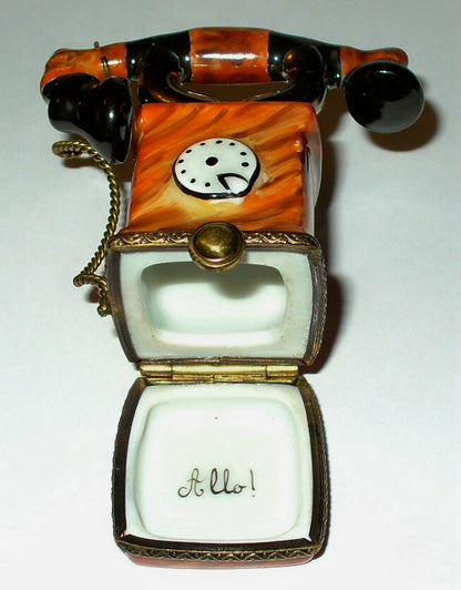 LIMOGES FRANCE BOX ~ ANTIQUE TELEPHONE & METAL CORD ~ LE 44/999 ~ PEINT MAIN