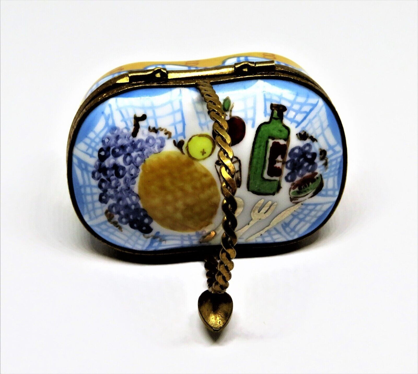 LIMOGES BOX - 'WICKER' PICNIC BASKET & SPOON CLASP - WINE, CHEESE & FRUIT