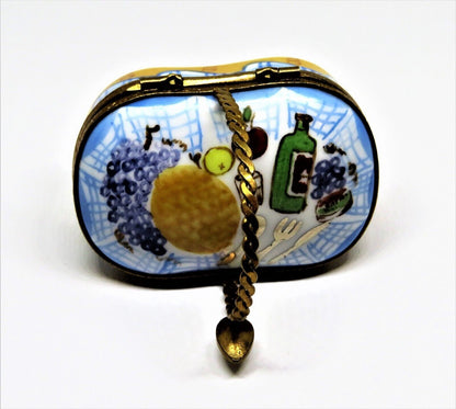 LIMOGES BOX - 'WICKER' PICNIC BASKET & SPOON CLASP - WINE, CHEESE & FRUIT