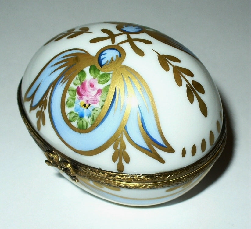 LIMOGES FRANCE BOX - FLORAL EGG - PINK ROSES & RIBBONS & PERFUME BOTTLE  - GR