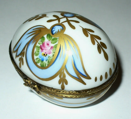 LIMOGES FRANCE BOX - FLORAL EGG - PINK ROSES & RIBBONS & PERFUME BOTTLE  - GR