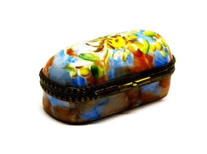 LIMOGES FRANCE - DUBARRY- SMALL FLORAL PIN BOX  - WATERCOLOR FLOWERS - RIBBONS