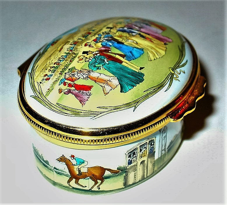 HALCYON DAYS ENAMEL BOX - ROYAL ENCLOSURE AT ASCOT RACES - EDWARDIAN TIMES - MIB