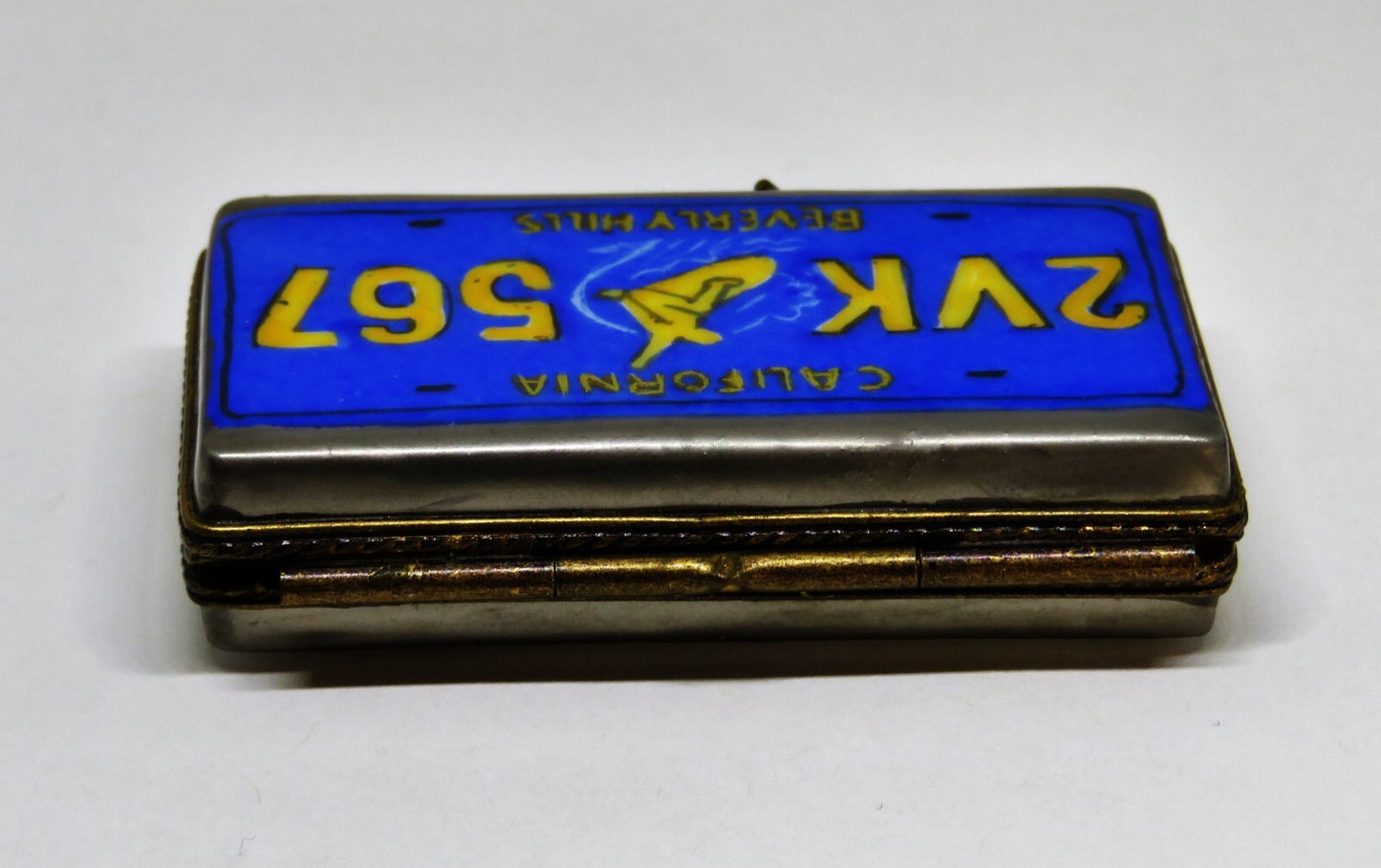 LIMOGES FRANCE BOX~ CALIFORNIA LICENSE PLATE ~ MAN ON A SURFBOARD ~ GOLDEN STATE