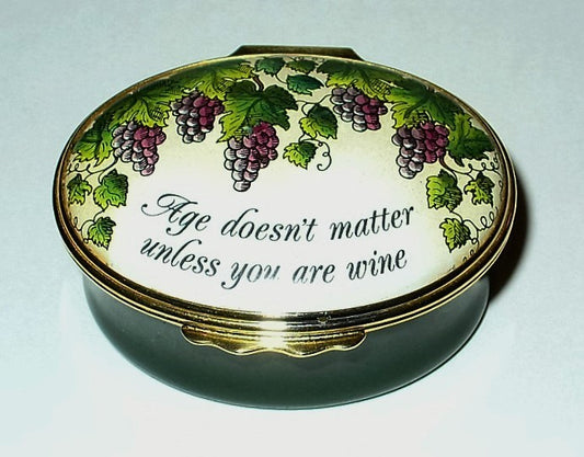HALCYON DAYS ENAMEL BOX- GUMP'S - AGE DOESN'T MATTER UNLESS YOU'RE WINE - GRAPES
