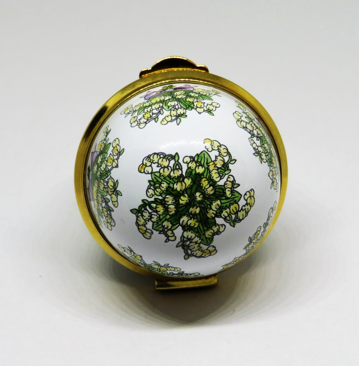 STAFFORDSHIRE ENGLISH ENAMEL BOX -EGG & BOUQUETS OF LILY OF THE VALLEY- FLOWERS
