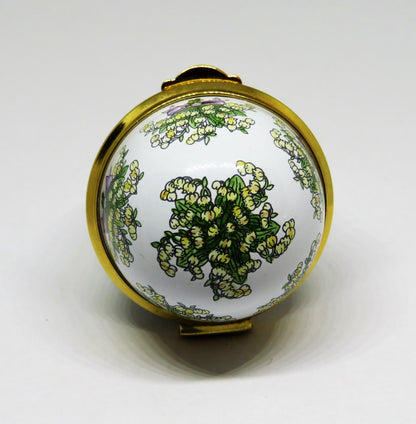 STAFFORDSHIRE ENGLISH ENAMEL BOX -EGG & BOUQUETS OF LILY OF THE VALLEY- FLOWERS