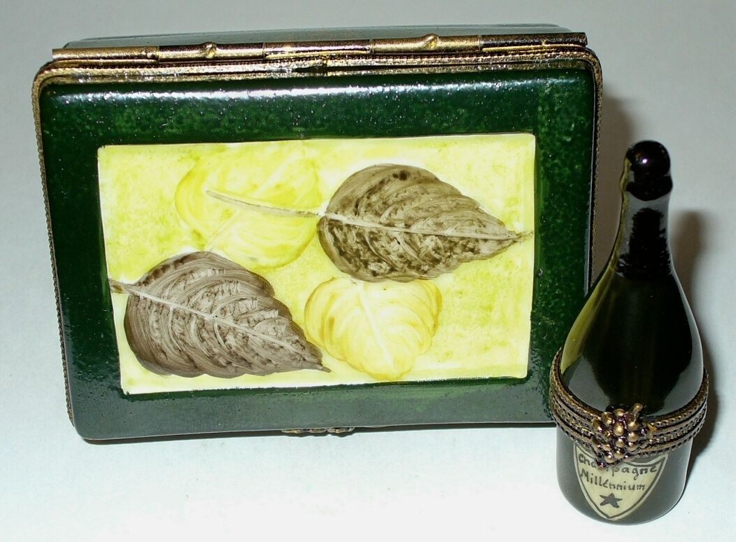LIMOGES FRANCE 2 BOX SET - CHAMPAGNE CASE - FLUTES &  BOTTLE INSIDE - GRAPE LEAF