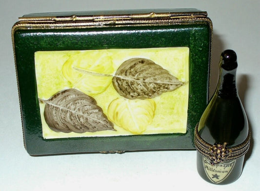 LIMOGES FRANCE 2 BOX SET - CHAMPAGNE CASE - FLUTES &  BOTTLE INSIDE - GRAPE LEAF