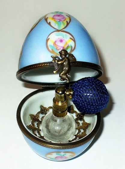 LIMOGES BOX - FLORAL EASTER EGG & PERFUME BOTTLE & ATOMIZER - ROSES