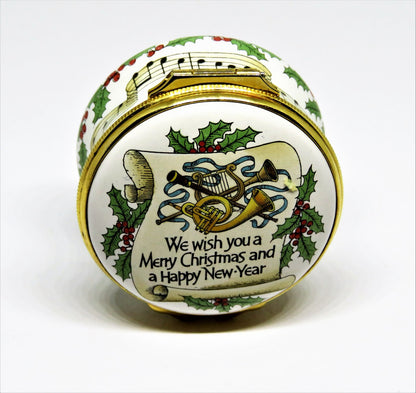 HALCYON DAYS ENAMEL MUSIC BOX - "WE WISH YOU A MERRY CHRISTMAS" - HOLLY - MIB