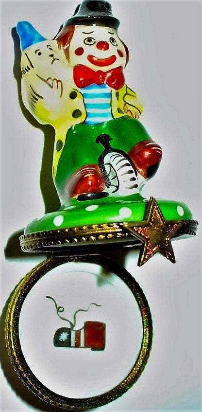 LIMOGES FRANCE BOX- CIRCUS CLOWN RIDING A UNICYCLE & DOG -POLKA DOTS- STAR CLASP