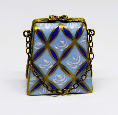LIMOGES FRANCE BOX - PARRY-VIEILLE - TWO TONE BLUE PURSE & CHAIN - WHITE ROSES