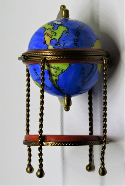 LIMOGES FRANCE BOX -PARRY-VIEILLE- WORLD GLOBE & METAL STAND - REMOVABLE COMPASS