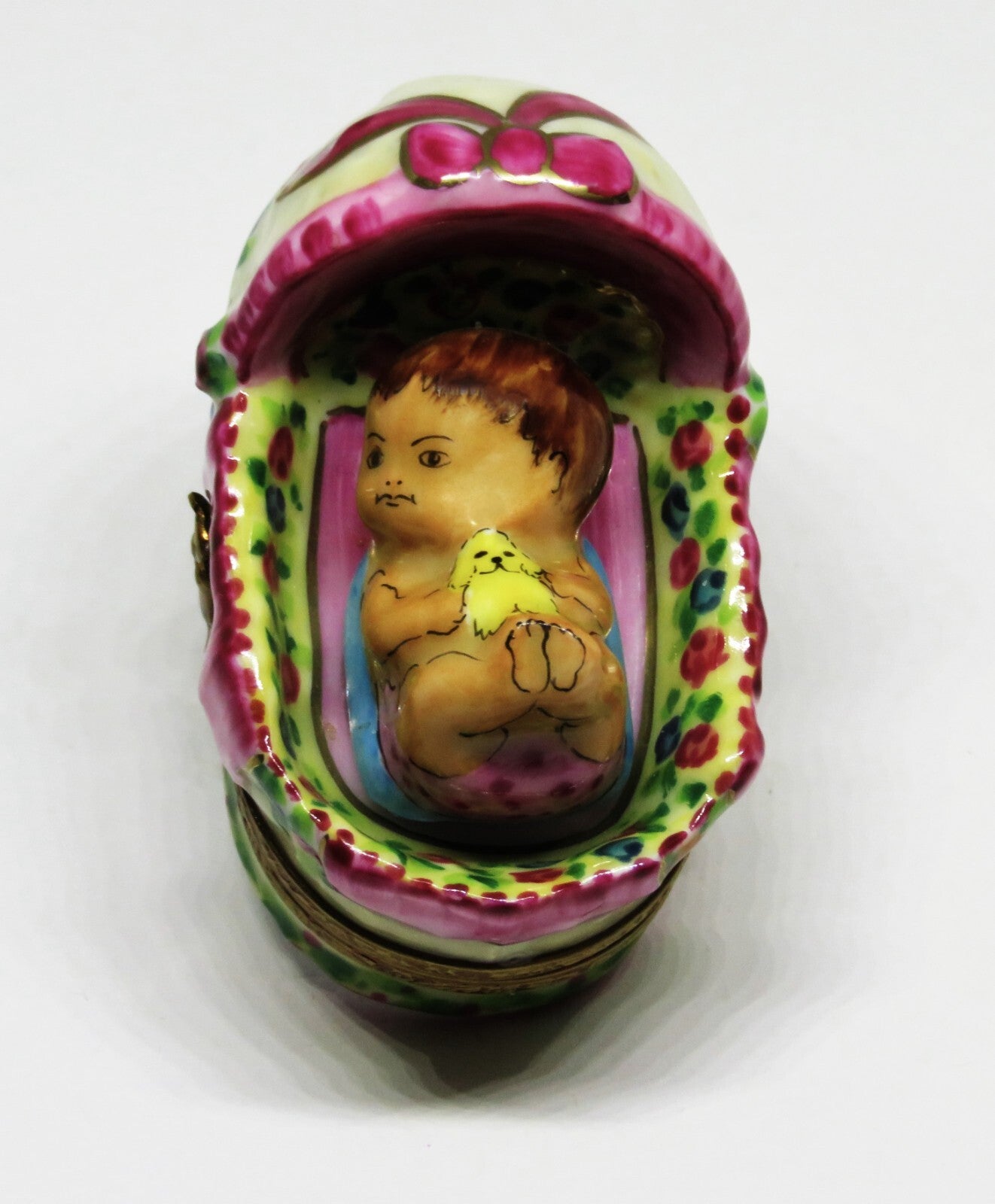 LIMOGES FRANCE BOX - ROCHARD - BABY GIRL IN A BASKET - ROSES & BOW & HEART - BIB