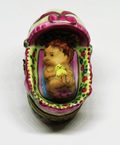 LIMOGES FRANCE BOX - ROCHARD - BABY GIRL IN A BASKET - ROSES & BOW & HEART - BIB