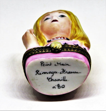 LIMOGES FRANCE BOX - CHANILLE - HIPPIE LADY HEAD VASE - TWO HAT PINS - LE - MIB