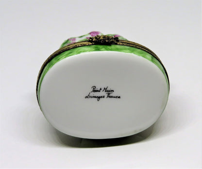 LIMOGES FRANCE BOX - EASTER BUNNY & ARBOR OF PINK FLOWERS & GARDEN GATE - RABBIT