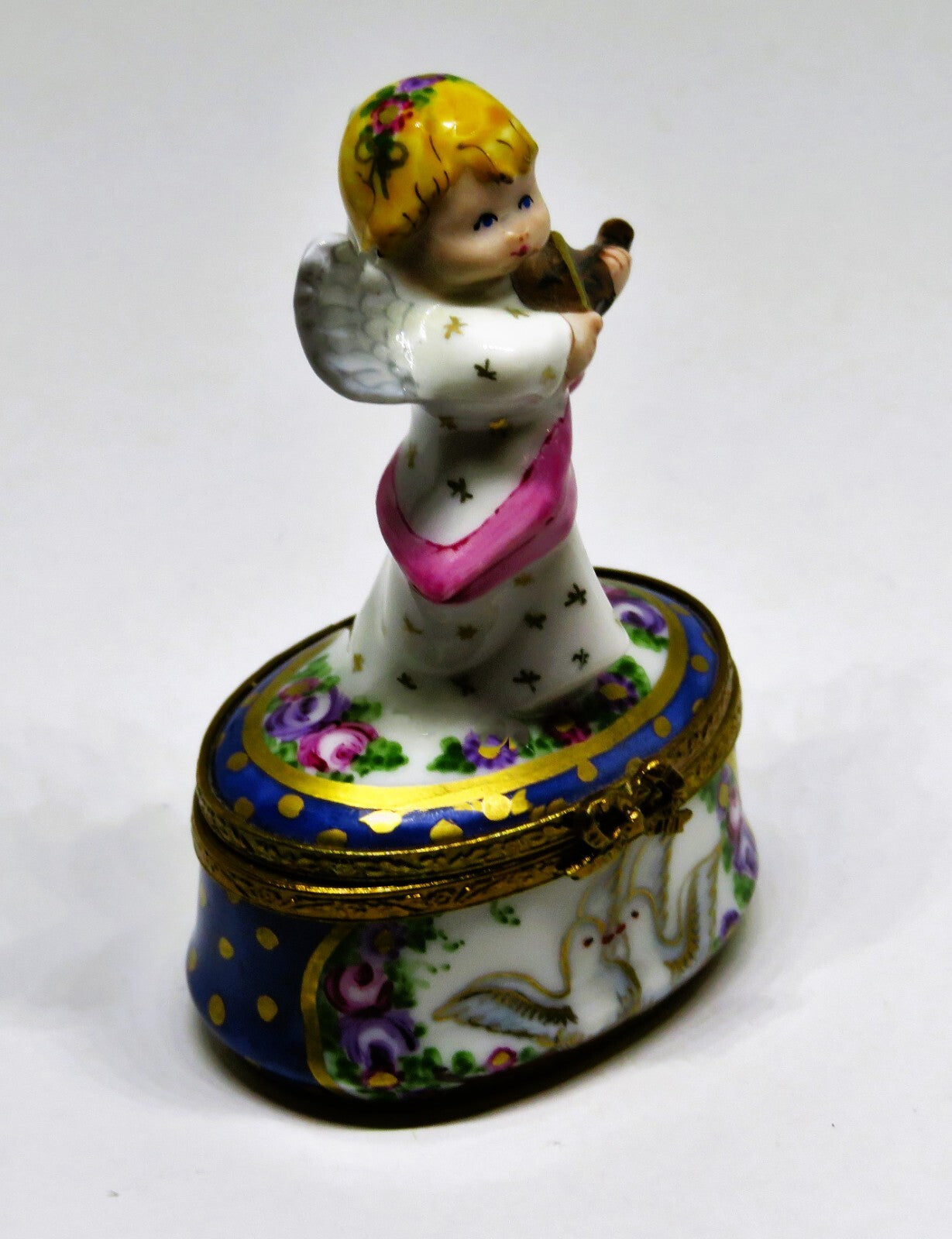 LIMOGES FRANCE BOX - CHRISTMAS - ANGEL & VIOLIN - FLOWERS & DOVES & STARS