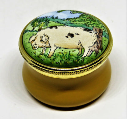 STAFFORDSHIRE ENAMELS BOX - PINK PIG WITH BLACK PATCHES - ACORNS & OAK LEAVES