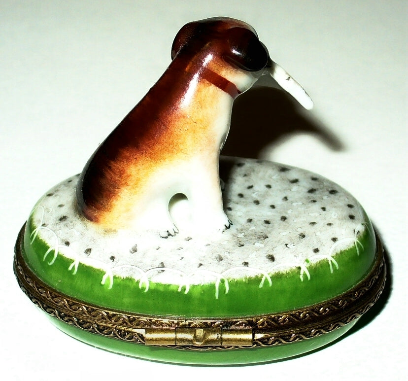 LIMOGES FRANCE BOX- PARRY-VIEILLE - TERRIER DOG & NEWSPAPER IN HIS MOUTH - PUPPY