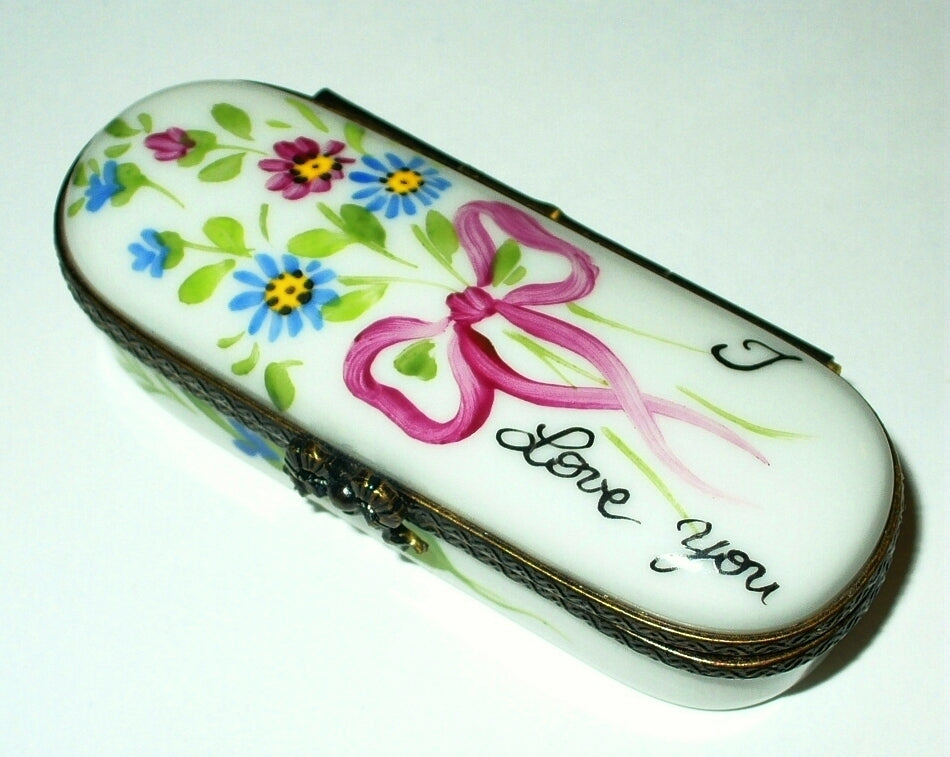 LIMOGES BOX - DAISY BOUQUET & PINK BOW - FLOWERS - "I LOVE YOU" - ANNIVERSARY