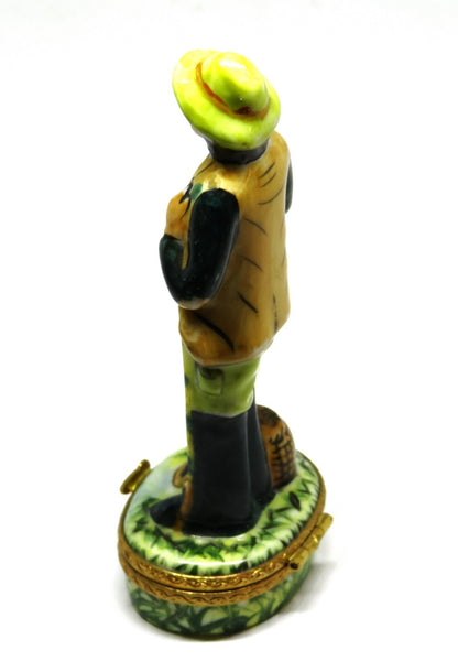 LIMOGES FRANCE BOX ~ FISHERMAN ~ ROD & CREEL & FISH ~ PEINT MAIN - PEINT MAIN