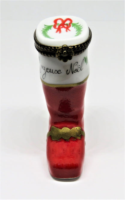 LIMOGES FRANCE BOX -CHRISTMAS- SANTA CLAUS BOOT - HOLLY & WREATH & "JOYEUX NOEL"