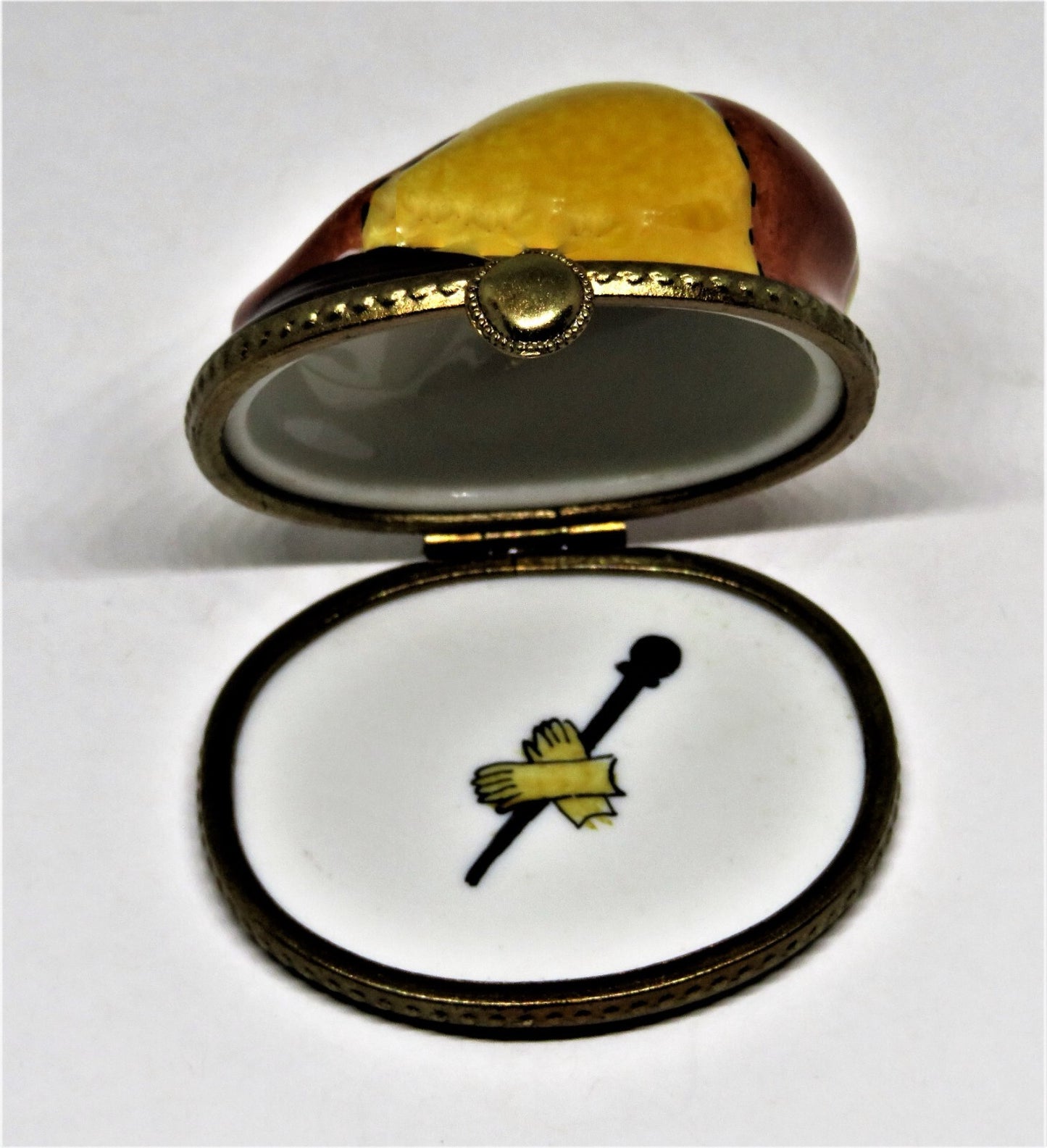 LIMOGES FRANCE BOX~ MAN'S  CAP ~ HAT ~ WALKING STICK & GLOVES INSIDE ~PEINT MAIN