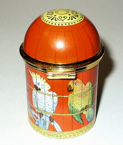 STAFFORDSHIRE ENAMELS BOX - BIRD CAGE & EXOTIC BIRDS -COCKATOO & PARROTS- MACAW