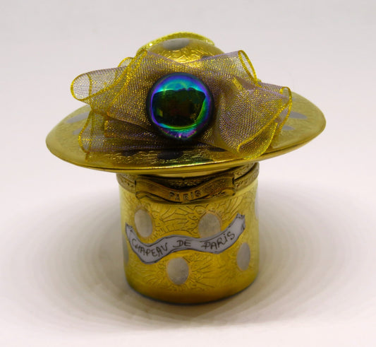 LIMOGES FRANCE BOX - GOLD INCRUSTATION "CHAPEAU DE PARIS" HAT - GOLD LAME FLOWER