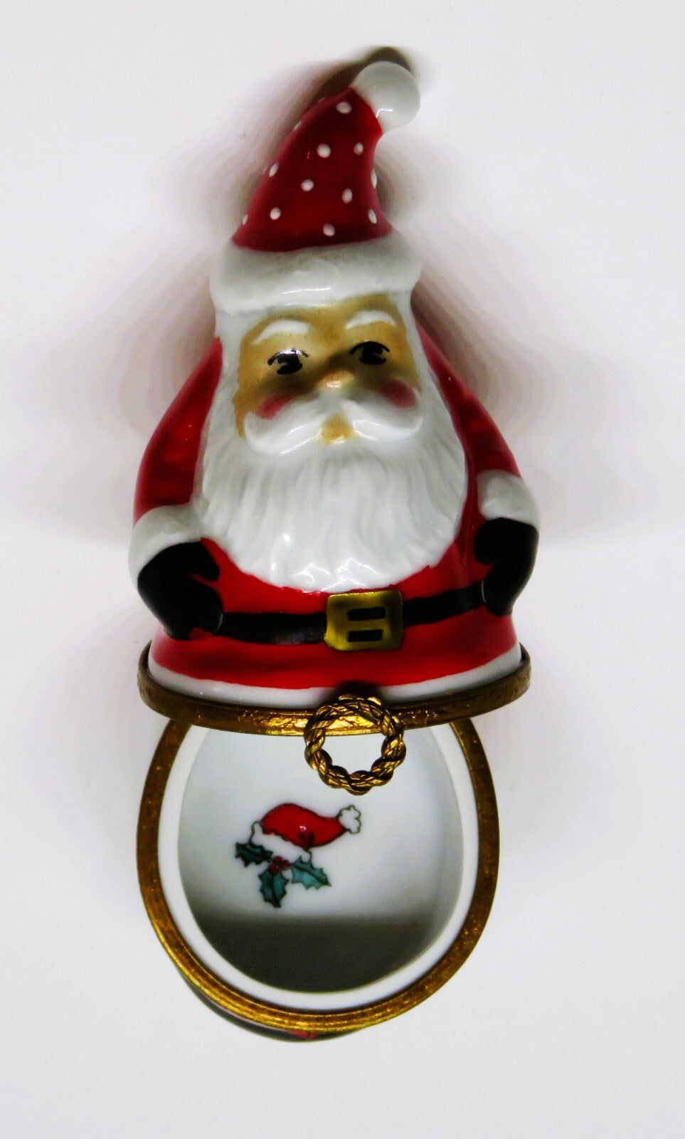LIMOGES FRANCE BOX - CHRISTMAS - SANTA CLAUS - WREATH CLASP - HAT & HOLLY INSIDE
