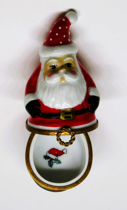 LIMOGES FRANCE BOX - CHRISTMAS - SANTA CLAUS - WREATH CLASP - HAT & HOLLY INSIDE